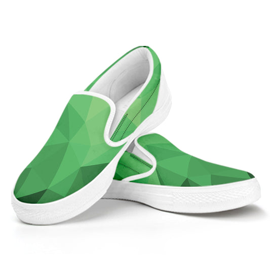 Green Polygonal Geometric Print White Slip On Shoes