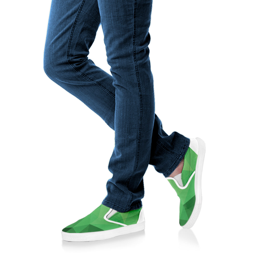 Green Polygonal Geometric Print White Slip On Shoes