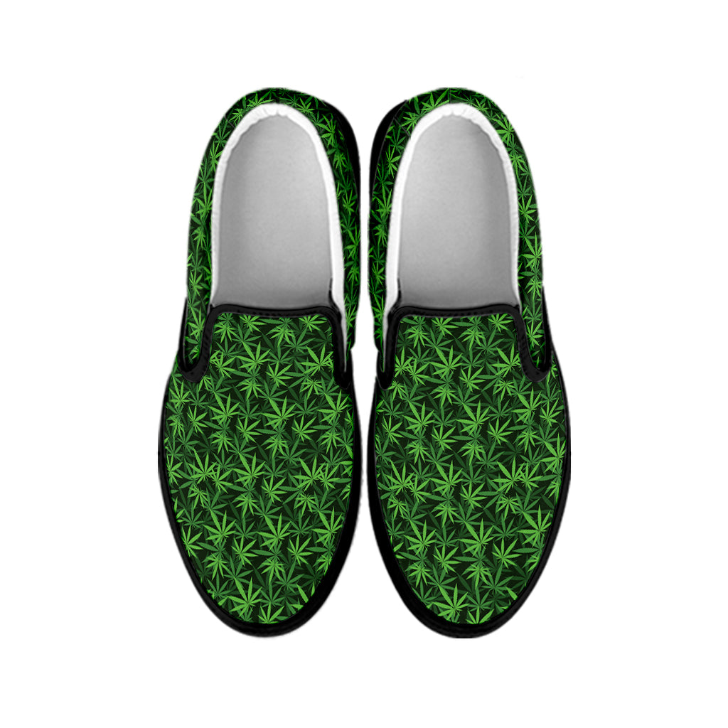 Green Pot Leaf Pattern Print Black Slip On Shoes