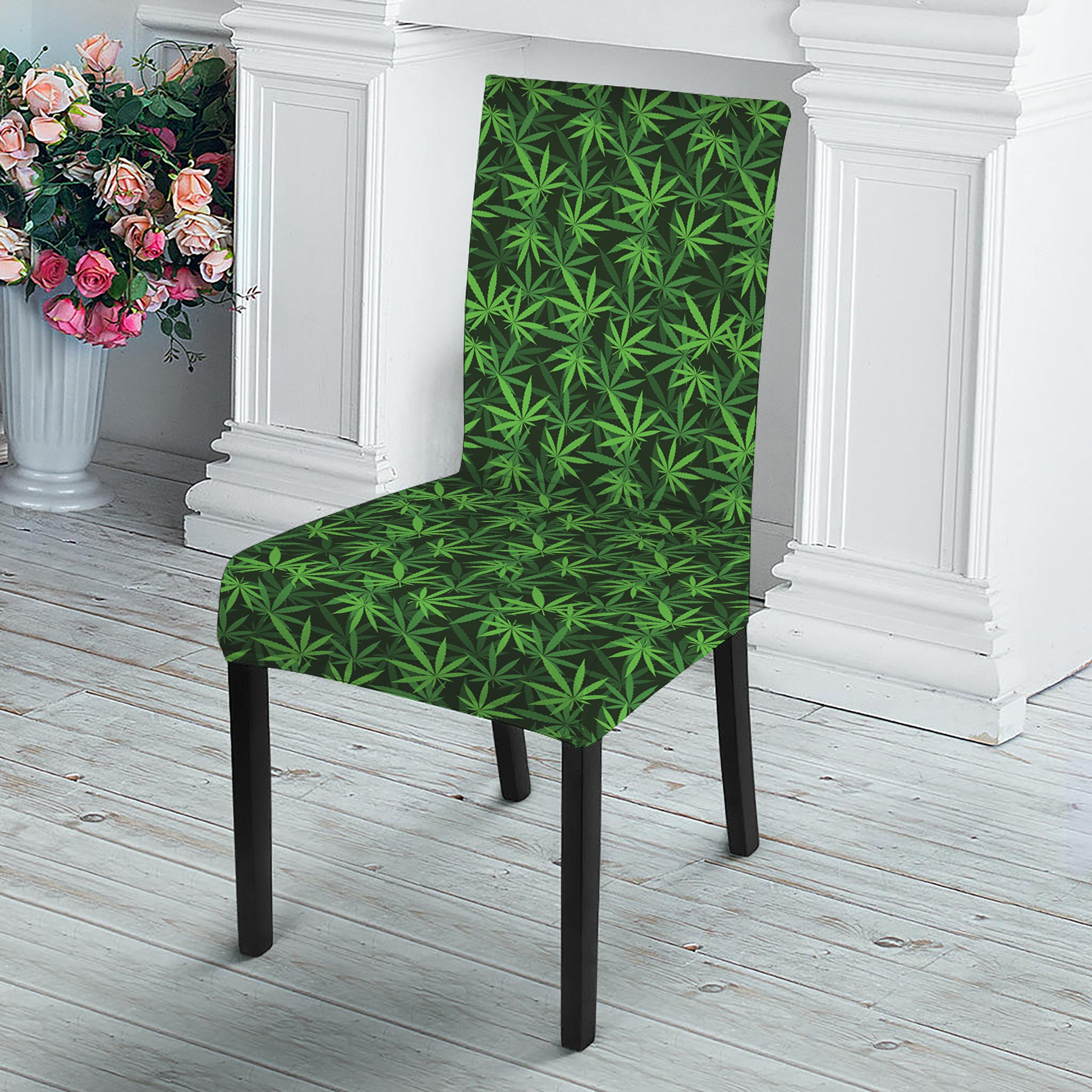 Green Pot Leaf Pattern Print Dining Chair Slipcover
