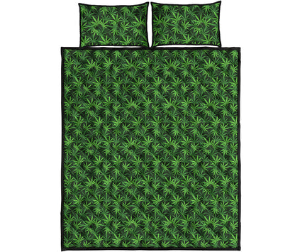 Green Pot Leaf Pattern Print Quilt Bed Set