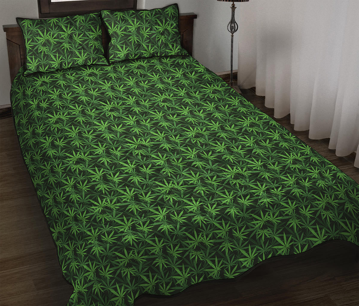 Green Pot Leaf Pattern Print Quilt Bed Set
