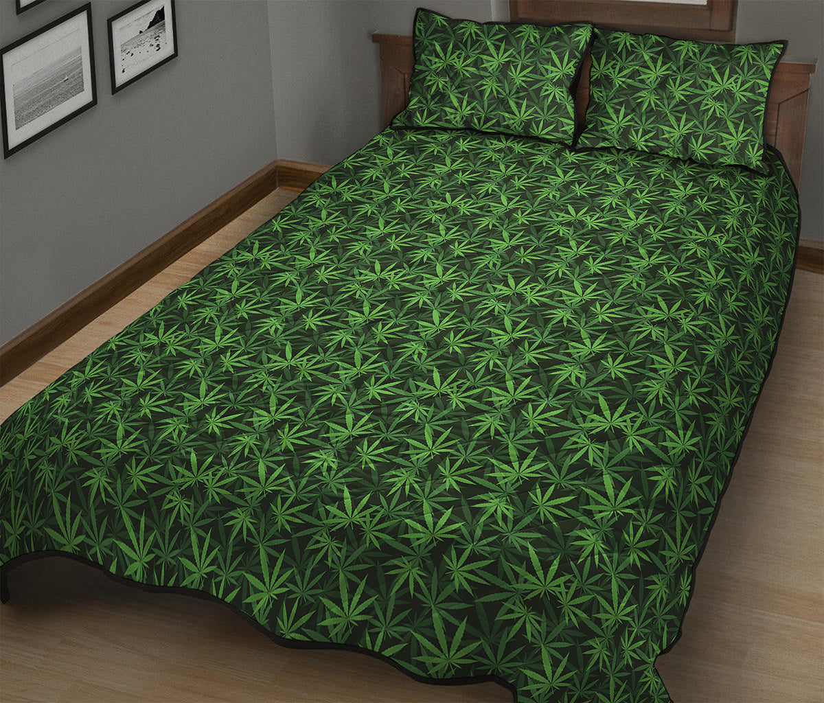Green Pot Leaf Pattern Print Quilt Bed Set