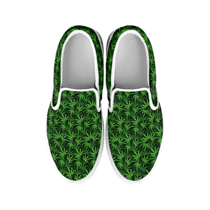 Green Pot Leaf Pattern Print White Slip On Shoes