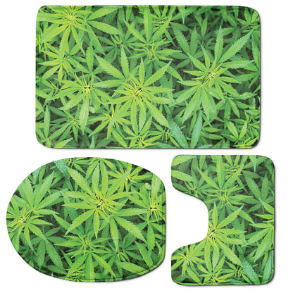 Green Pot Leaf Print 3 Piece Bath Mat Set