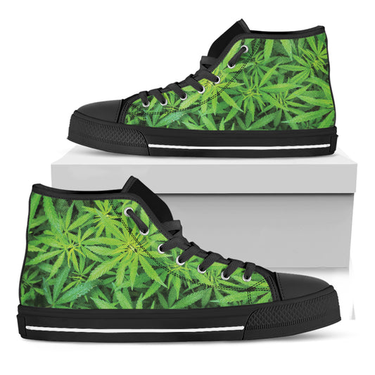 Green Pot Leaf Print Black High Top Shoes