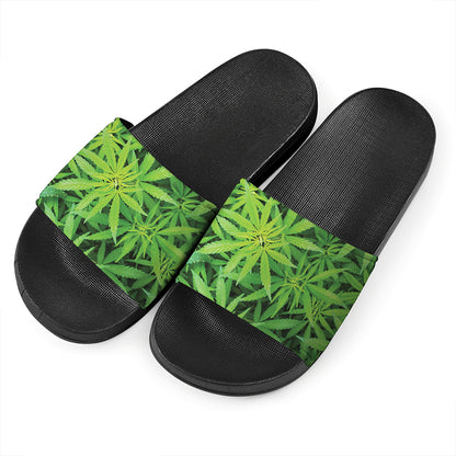 Green Pot Leaf Print Black Slide Sandals
