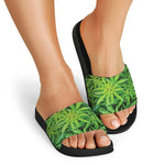 Green Pot Leaf Print Black Slide Sandals