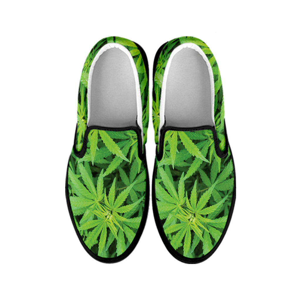 Green Pot Leaf Print Black Slip On Shoes