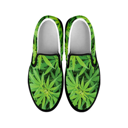 Green Pot Leaf Print Black Slip On Shoes