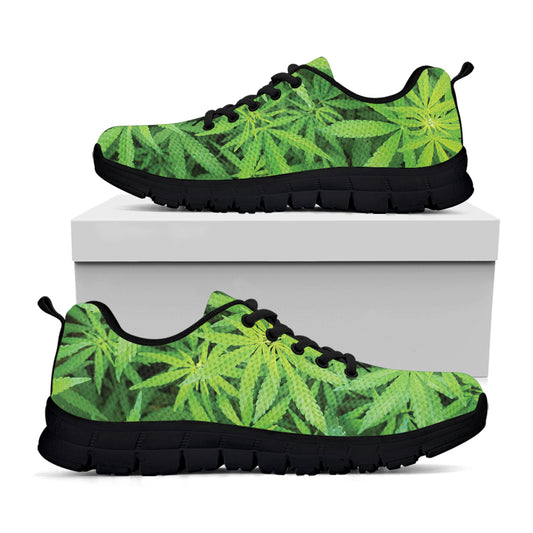 Green Pot Leaf Print Black Sneakers