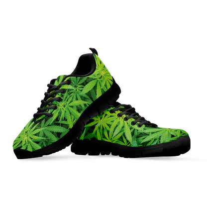 Green Pot Leaf Print Black Sneakers