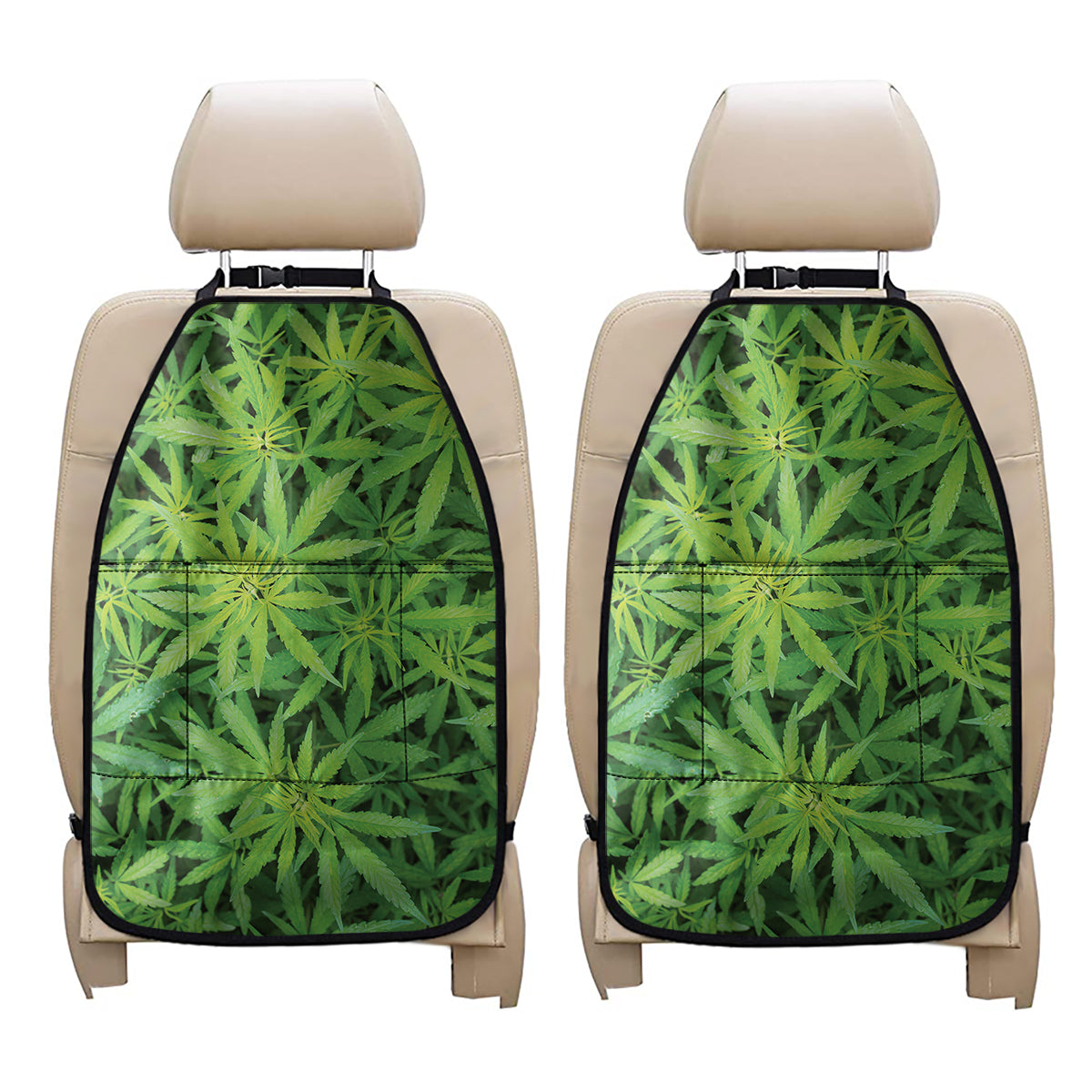 Green Pot Leaf Print Car Seat Organizers