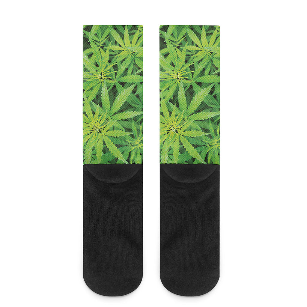 Green Pot Leaf Print Crew Socks