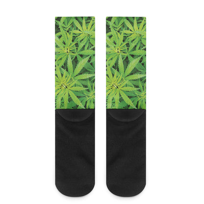 Green Pot Leaf Print Crew Socks
