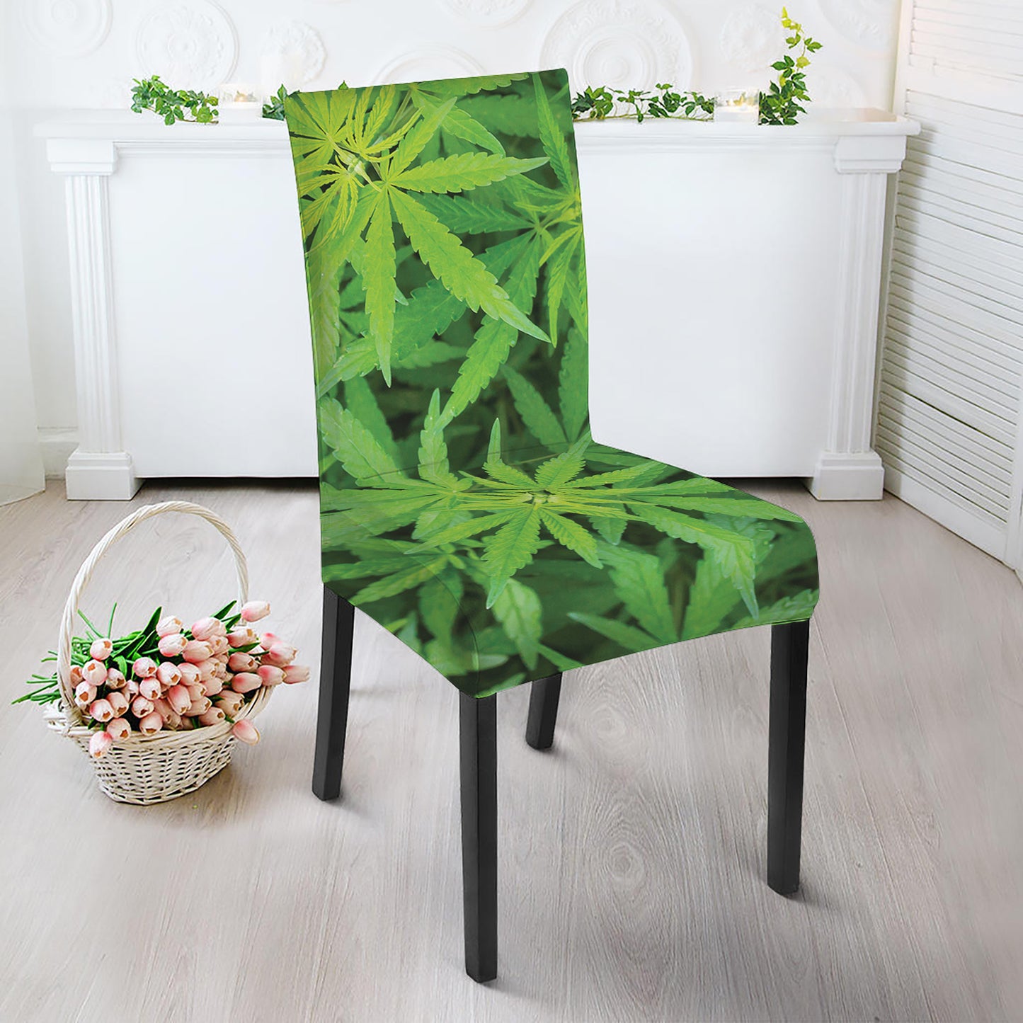 Green Pot Leaf Print Dining Chair Slipcover