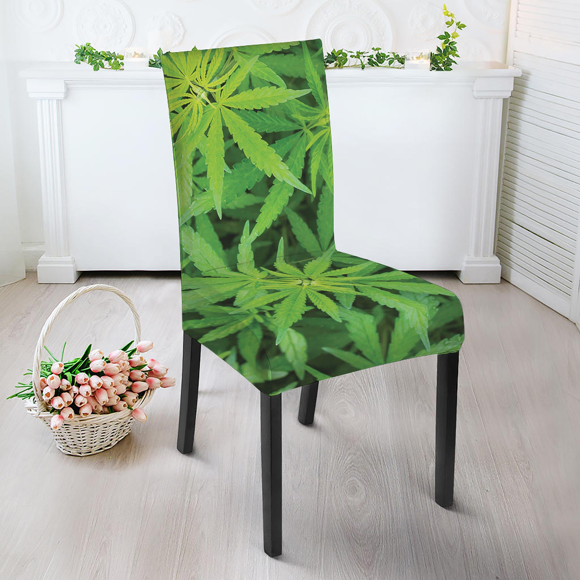 Green Pot Leaf Print Dining Chair Slipcover