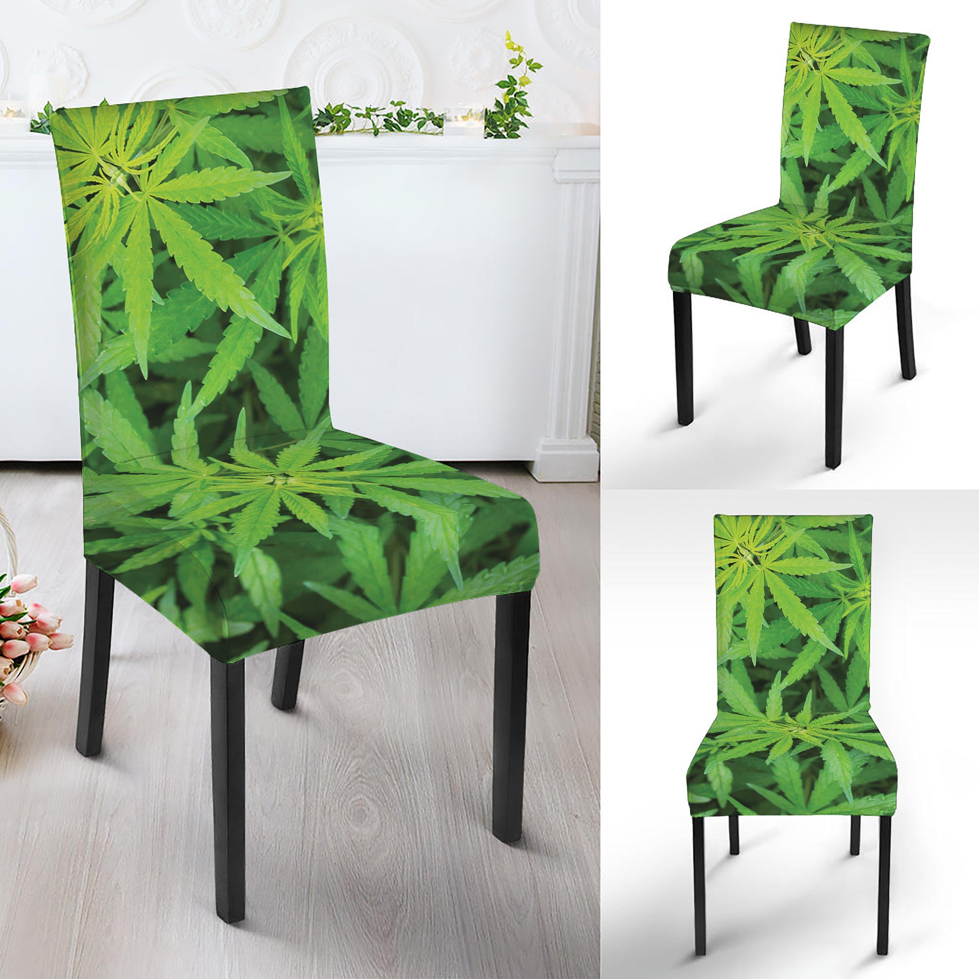 Green Pot Leaf Print Dining Chair Slipcover