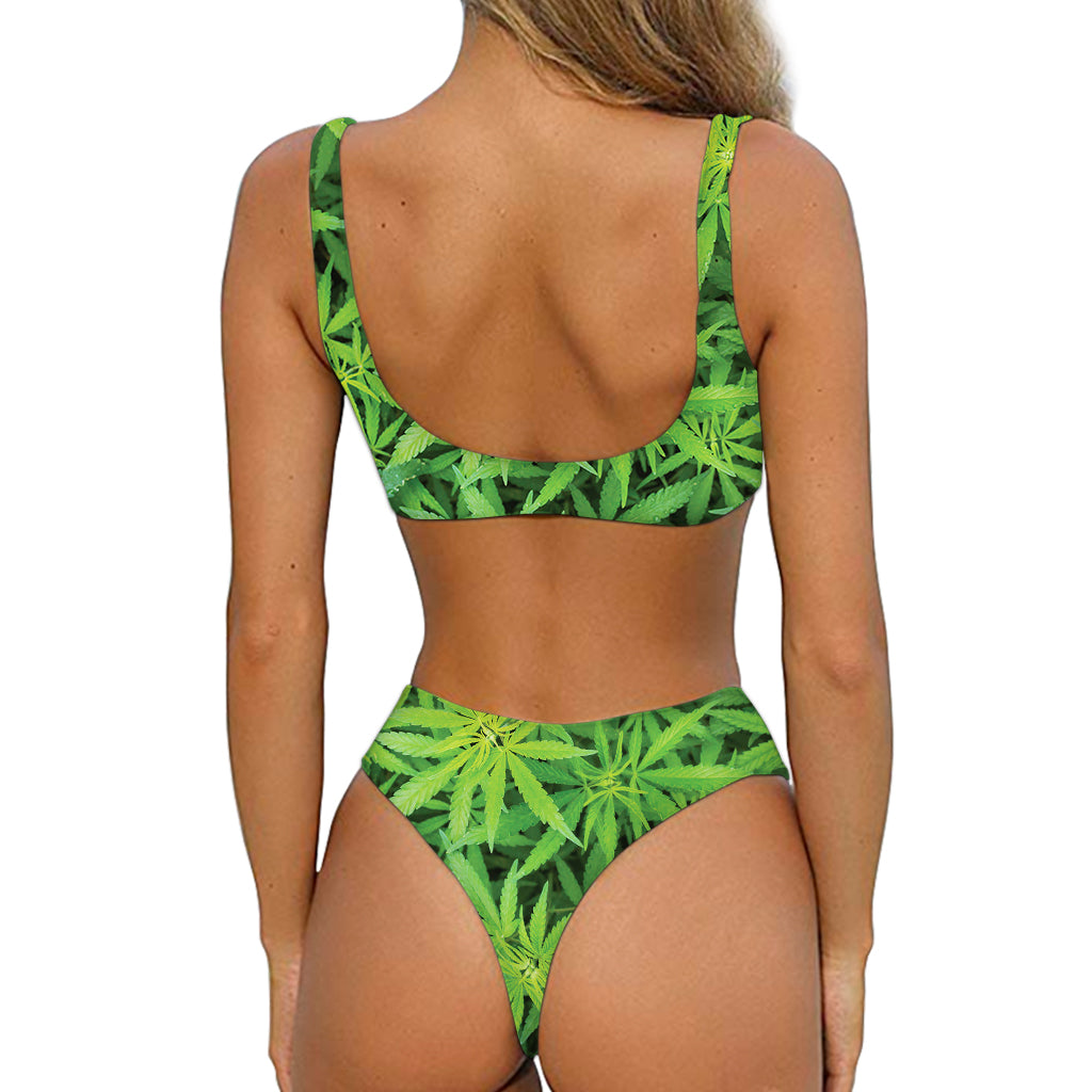 Green Pot Leaf Print Front Bow Tie Bikini