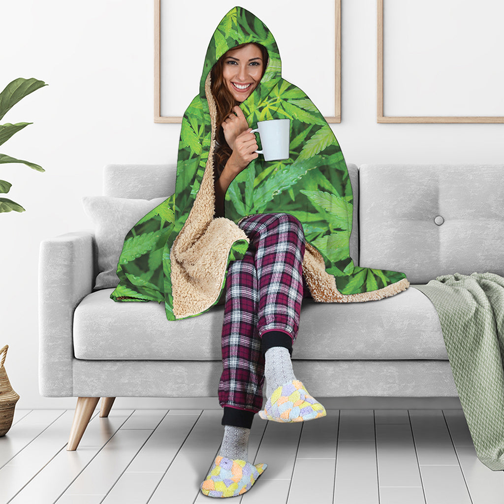 Green Pot Leaf Print Hooded Blanket