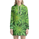 Green Pot Leaf Print Hoodie Dress