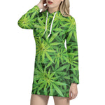 Green Pot Leaf Print Hoodie Dress