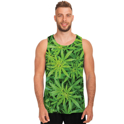 Green Pot Leaf Print Men's Tank Top