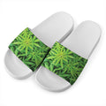 Green Pot Leaf Print White Slide Sandals
