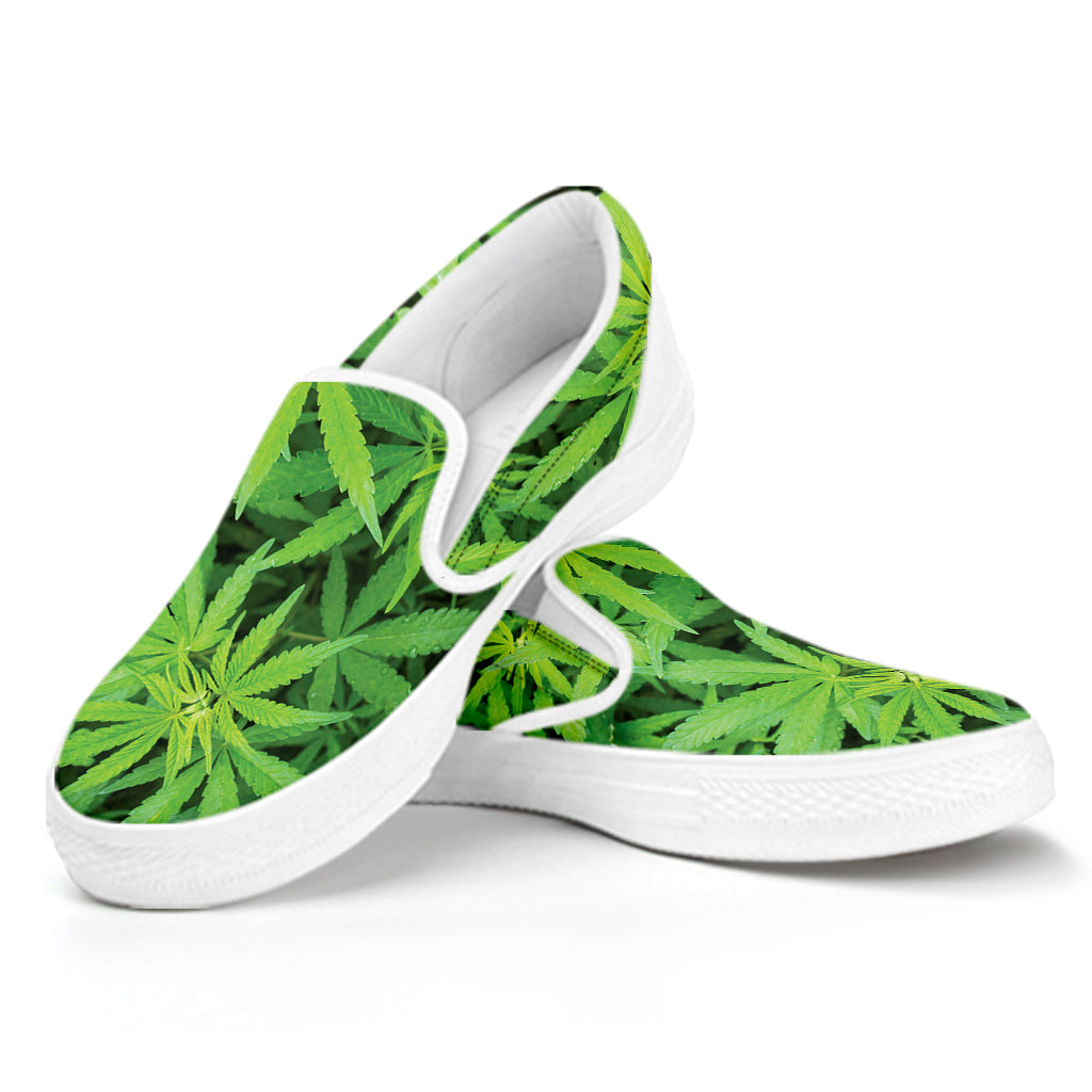 Green Pot Leaf Print White Slip On Shoes