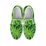 Green Pot Leaf Print White Slip On Shoes