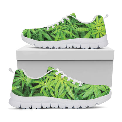 Green Pot Leaf Print White Sneakers