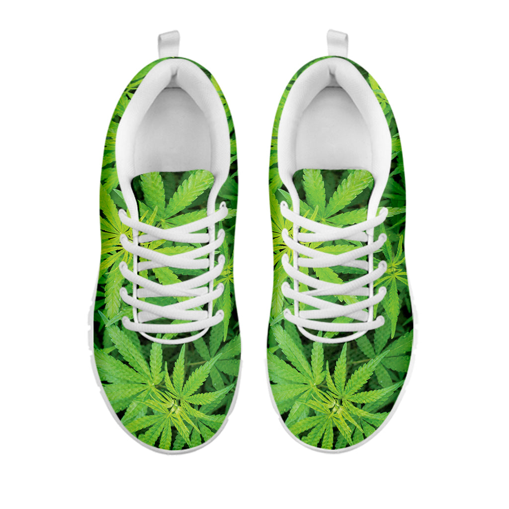 Green Pot Leaf Print White Sneakers