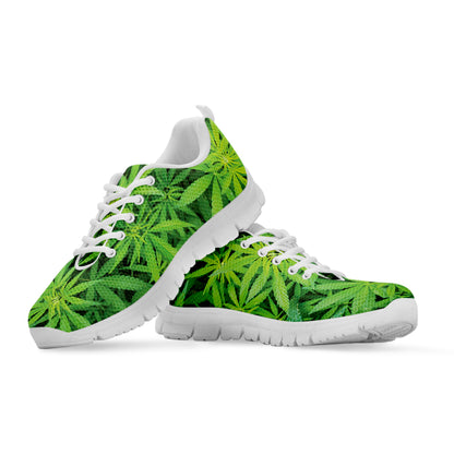Green Pot Leaf Print White Sneakers