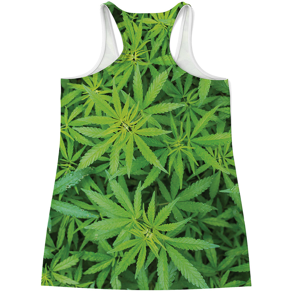 Green Pot Leaf Print Women's Racerback Tank Top