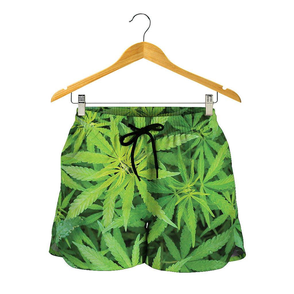 Green Pot Leaf Print Women's Shorts