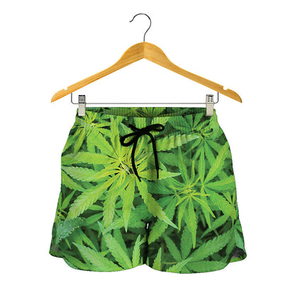 Green Pot Leaf Print Women's Shorts