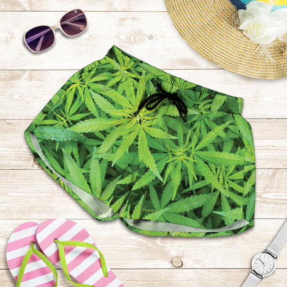Green Pot Leaf Print Women's Shorts