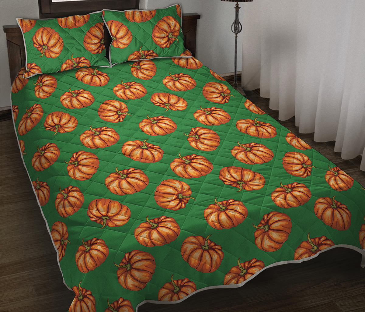 Green Pumpkin Pattern Print Quilt Bed Set