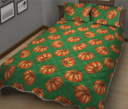 Green Pumpkin Pattern Print Quilt Bed Set