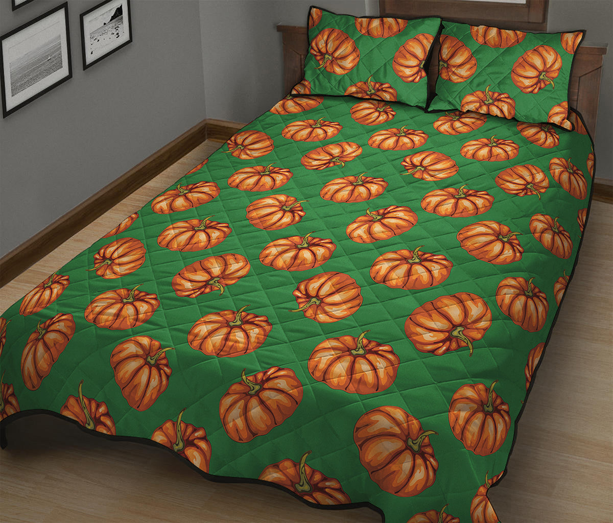 Green Pumpkin Pattern Print Quilt Bed Set