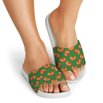 Green Pumpkin Pattern Print White Slide Sandals