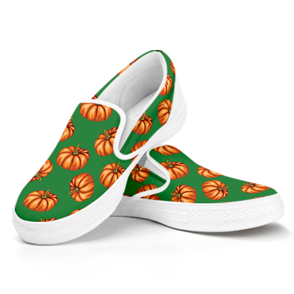 Green Pumpkin Pattern Print White Slip On Shoes