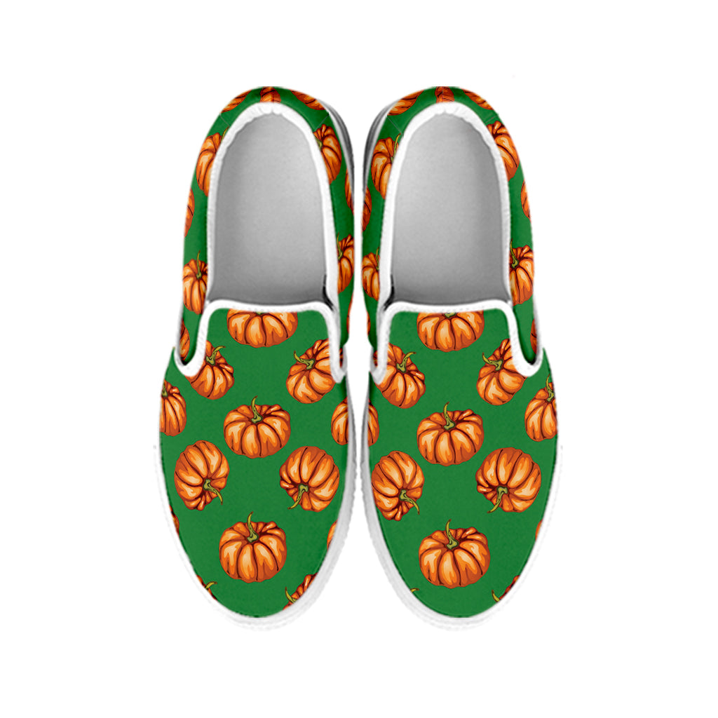 Green Pumpkin Pattern Print White Slip On Shoes