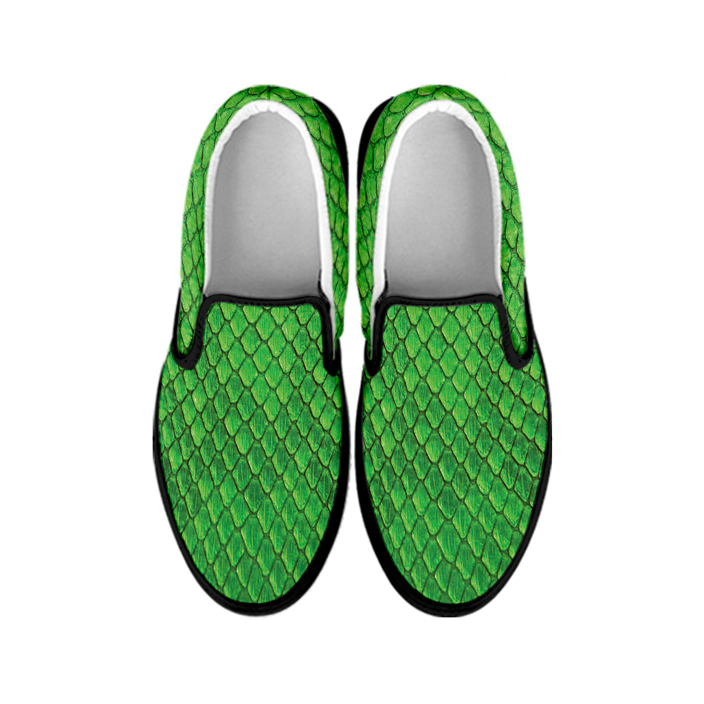 Green Python Snakeskin Print Black Slip On Shoes