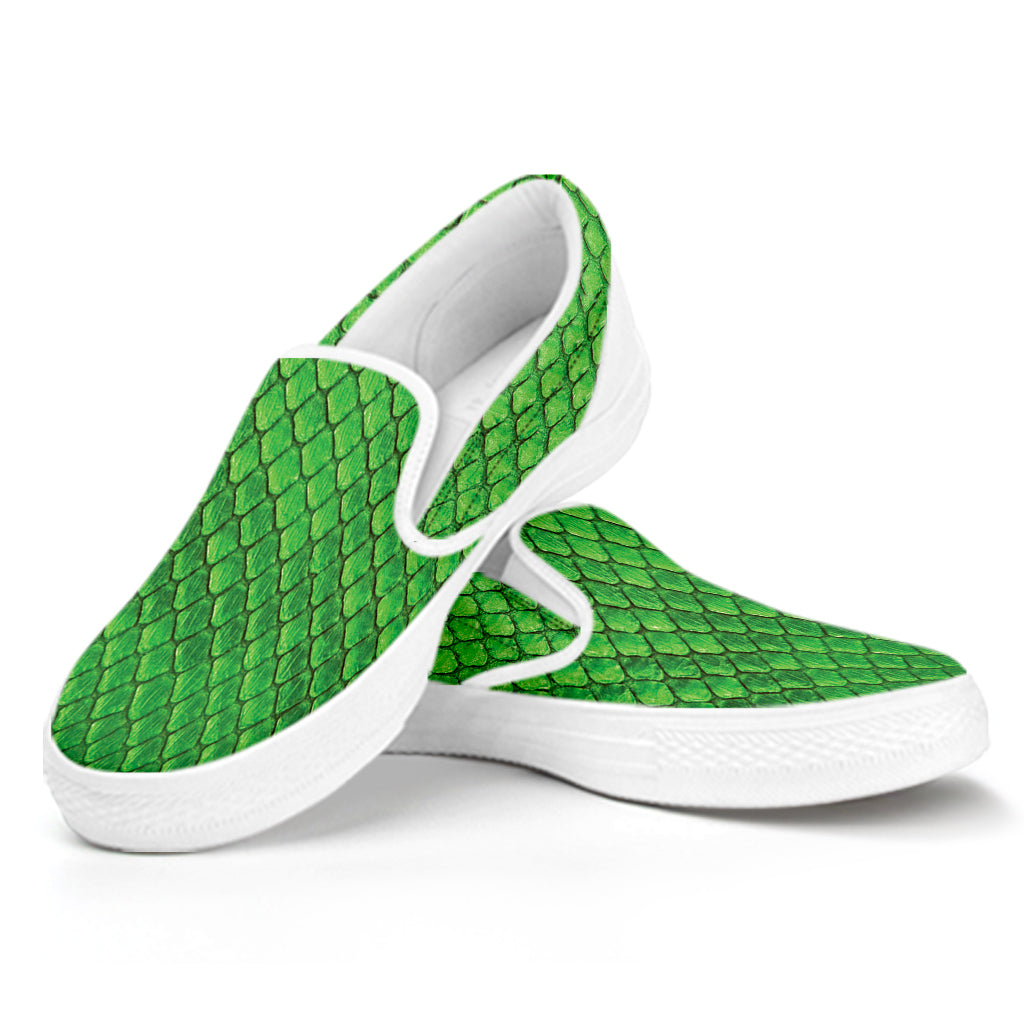 Green Python Snakeskin Print White Slip On Shoes