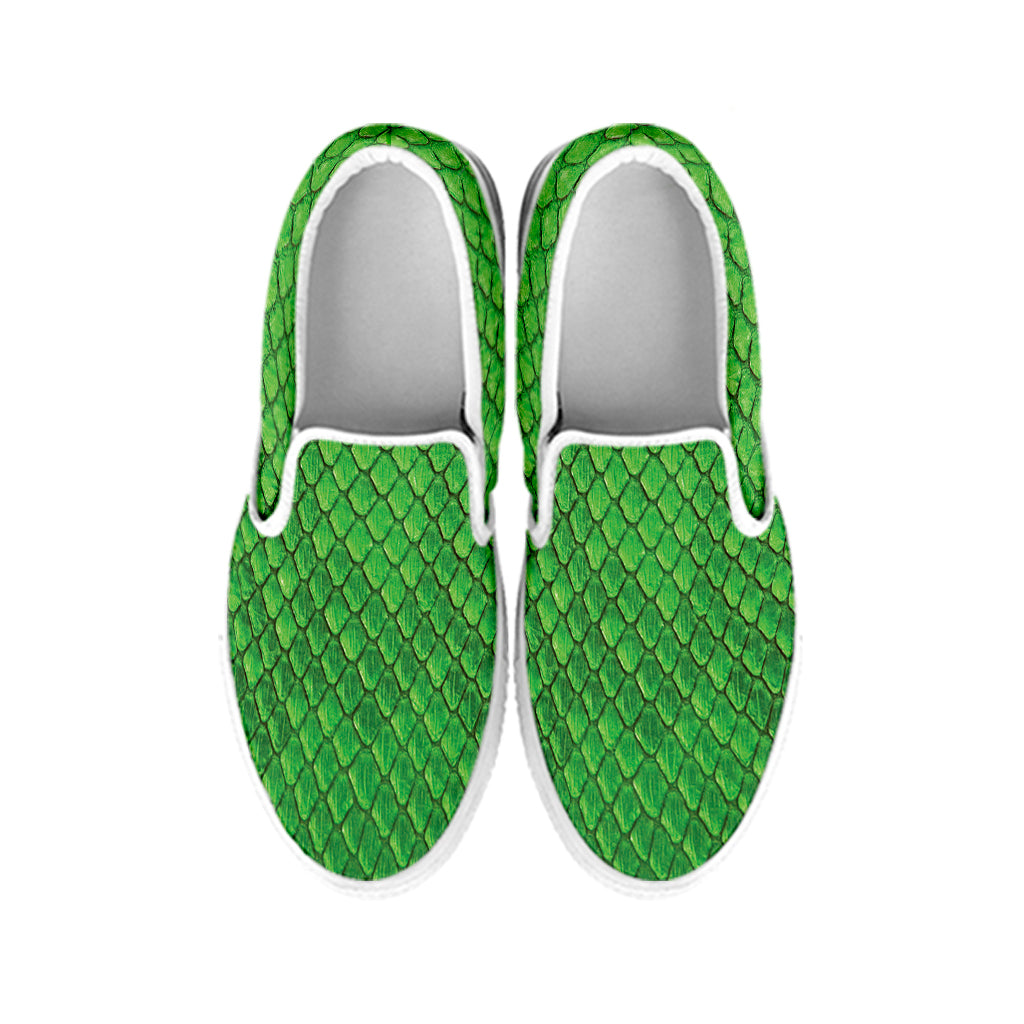 Green Python Snakeskin Print White Slip On Shoes