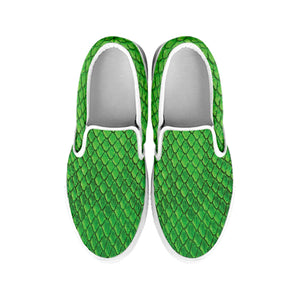 Green Python Snakeskin Print White Slip On Shoes