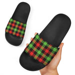 Green Red And Black Buffalo Plaid Print Black Slide Sandals