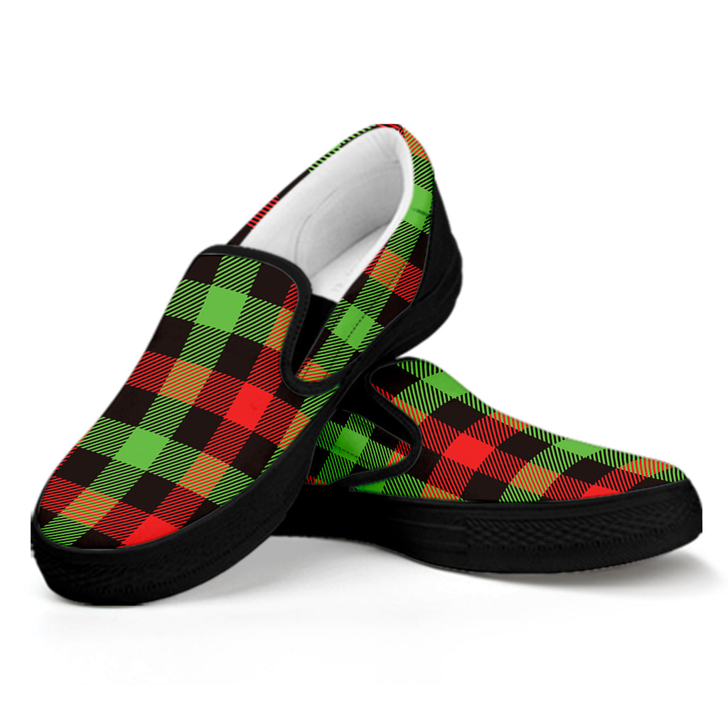 Green Red And Black Buffalo Plaid Print Black Slip On Shoes