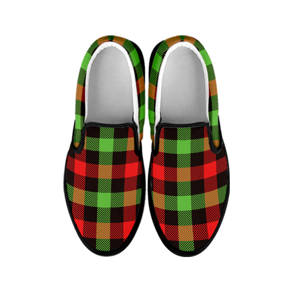Green Red And Black Buffalo Plaid Print Black Slip On Shoes